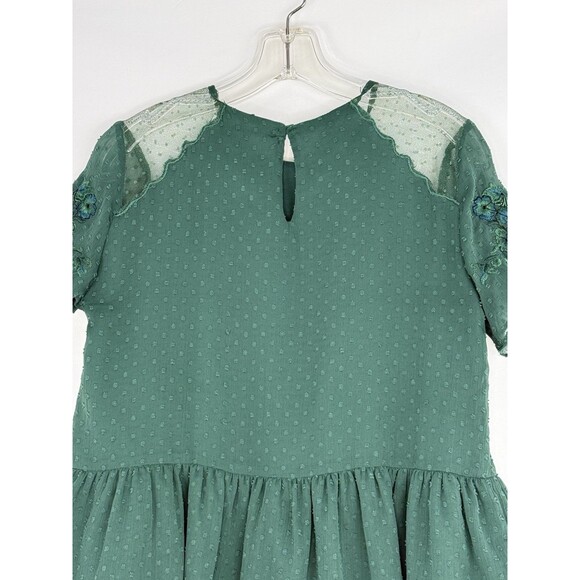 Zara Trafaluc Blouse Small Green Embroidered Ruffle Peplum Top Short Sleeves - Picture 6 of 16